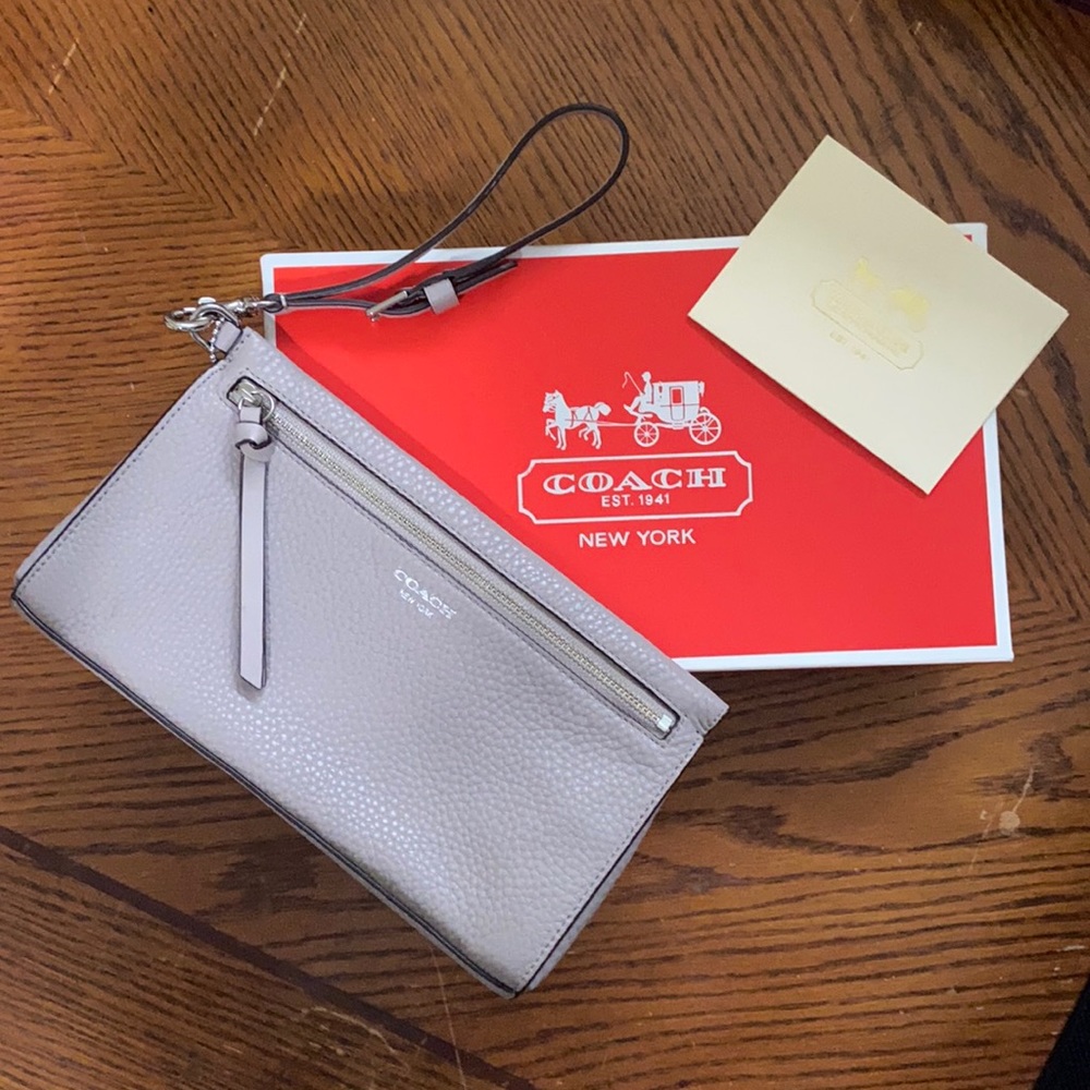 coach neutral large pebbled leather wristlet with adjustable strap